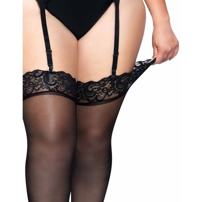 LEG AVENUE - OUTLET - BLACK NYLON STOCKINGS WITH LACE TOP PLUS 3