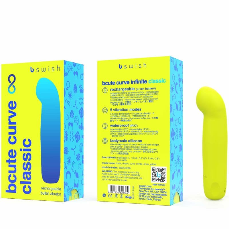 B SWISH - BCUTE CURVE INFINITE CLASSIC RECHARGEABLE SILICONE VIBRATOR YELLOW 3