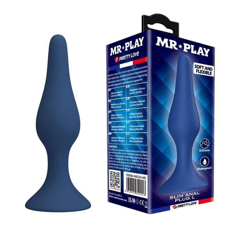 MR PLAY - Tanki silikonski analni čep plavi L