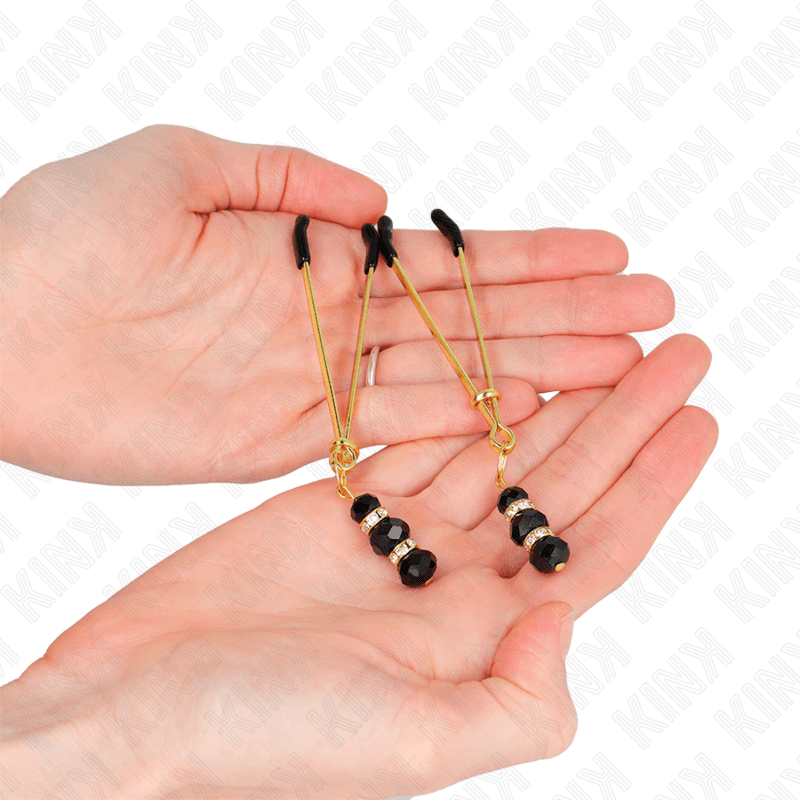 KINK - GOLD THIN NIPPLE CLAMPS WITH 3 BLACK GLASS BEADS 7 CM 3