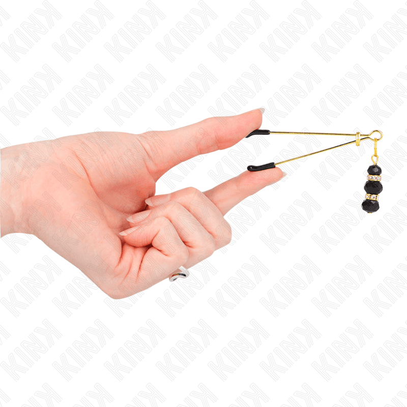 KINK - GOLD THIN NIPPLE CLAMPS WITH 3 BLACK GLASS BEADS 7 CM 4