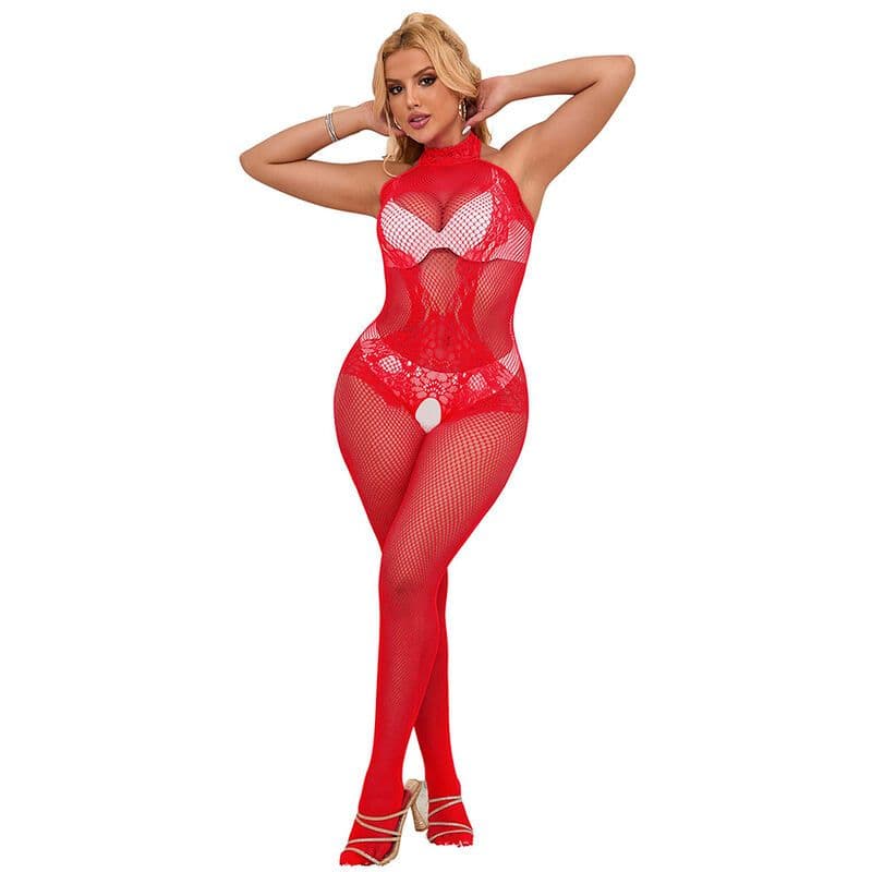 SUBBLIME - 952372 FISHNET AND LACE CROTCHLESS BODYSTOCKING WITH HIGH NECK RED ONE SIZE 3