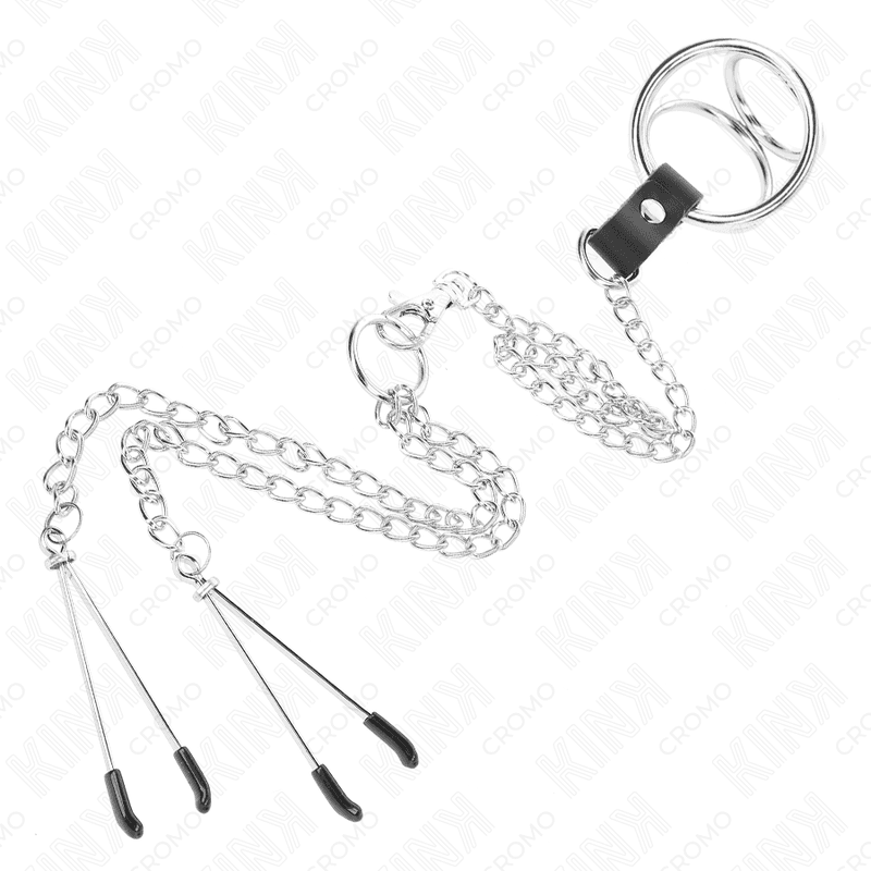KINK - TROJNI KROMIRANI KOVINSKI OBROČEK ZA PENIS OD 3 CM DO 4,5 CM S KOVINSKO VERIGO 26 CM IN ŠČIPALKAMA ZA BRADAVIČKE 4