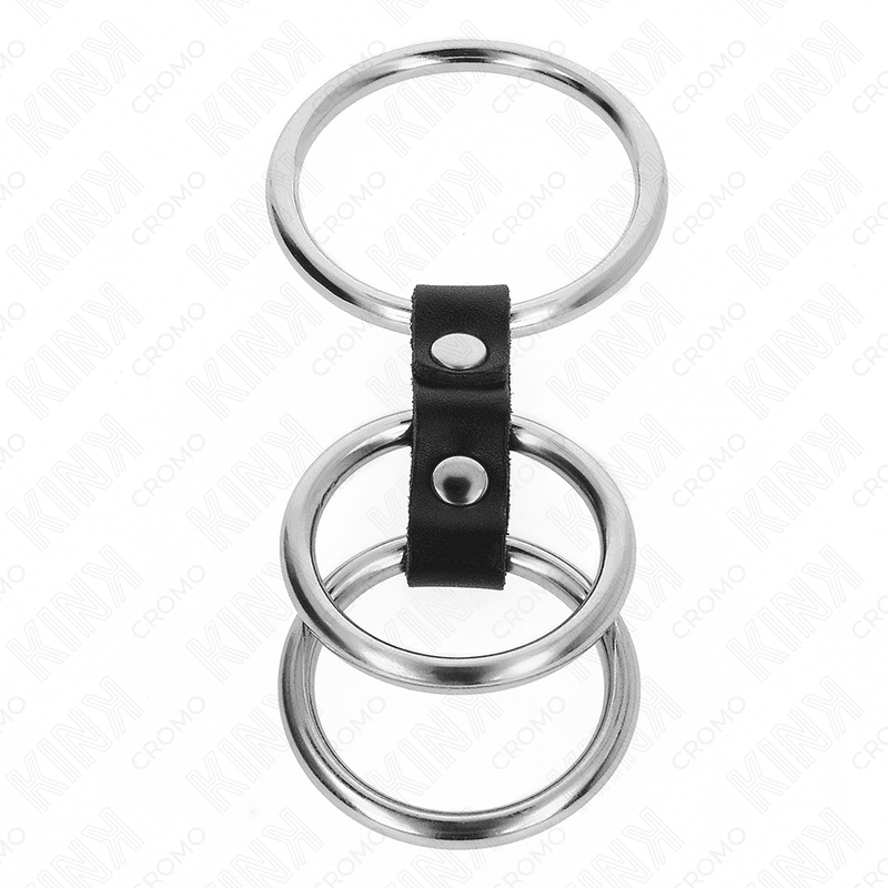 KINK - TROSTRUKI METALNI PRSTEN ZA PENIS OD 3,7 CM DO 5 CM, POVEZAN KOŽOM 3