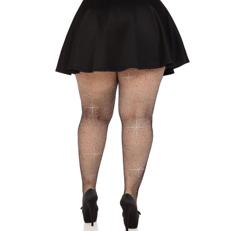 LEG AVENUE - CRYSTALIZED MESH STOCKINGS BLACK PLUS SIZE 2