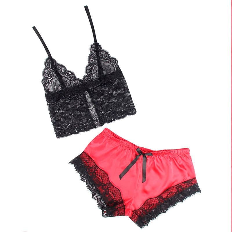 SUBBLIME - 953959 CAMICIA DA NOTTE CASUAL IN SETA + PANTALONI IN PIZZO NERO/ROSSO S/M 4