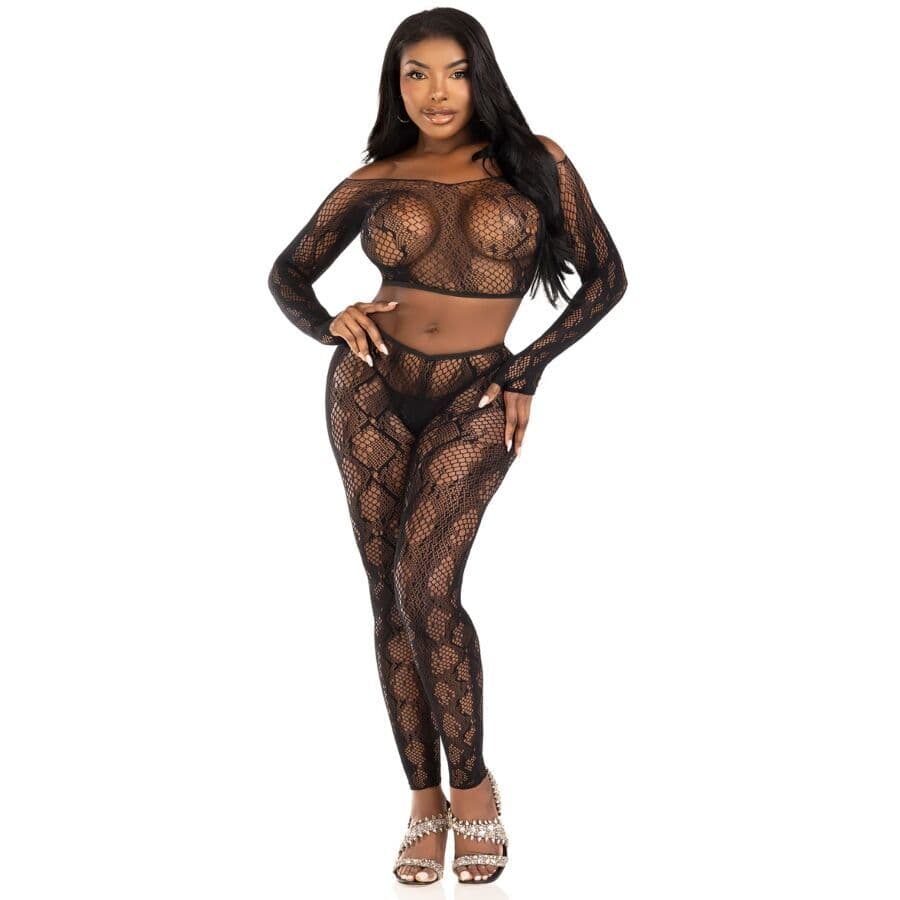 LEG AVENUE - 89373 PYTHON-CROP-TOP & FUSSLOSE STRUMPFHOSE SCHWARZ - EINHEITSGRÖSSE 4
