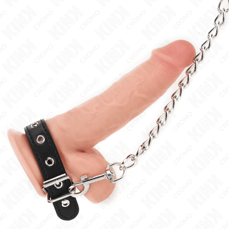 KINK - USNJENI OBROČEK ZA PENIS S TRAKOM 21,5 X 2 CM IN KOVINSKO VERIGO 60 CM 2