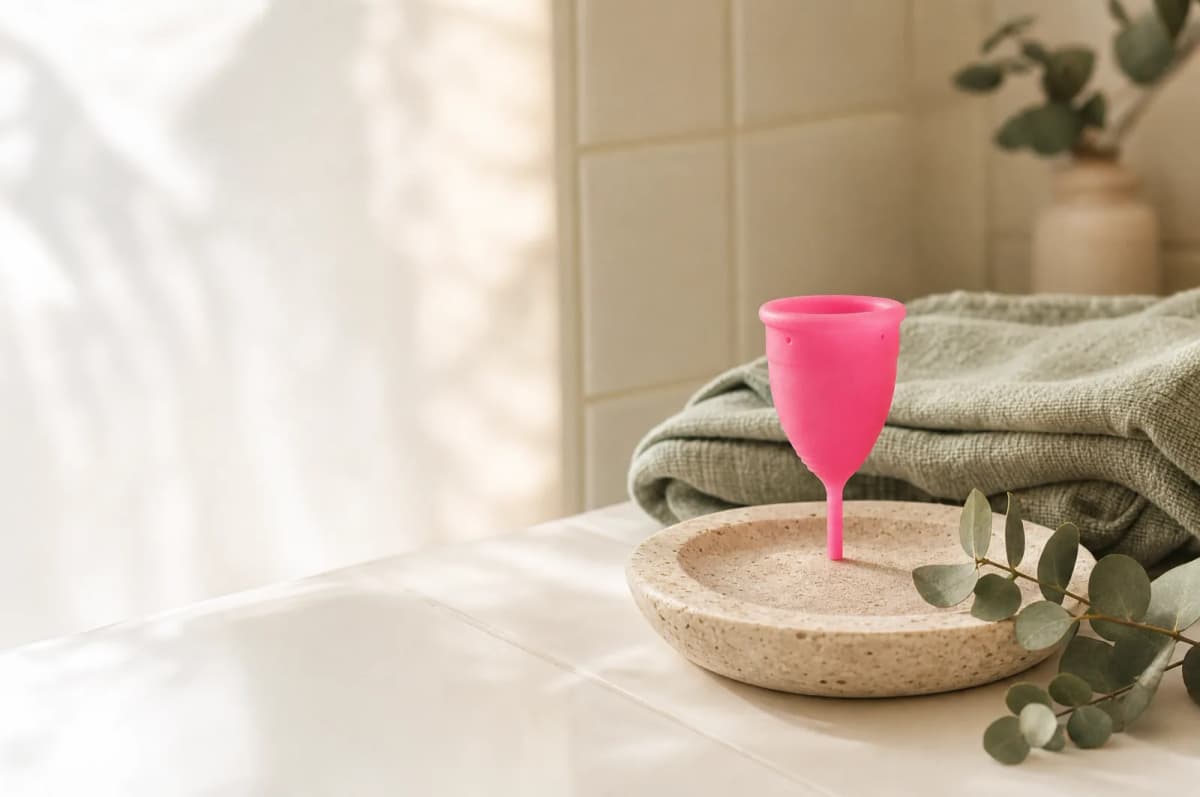 Pink medical-grade silicone menstrual cup on a stone tray next to eucalyptus