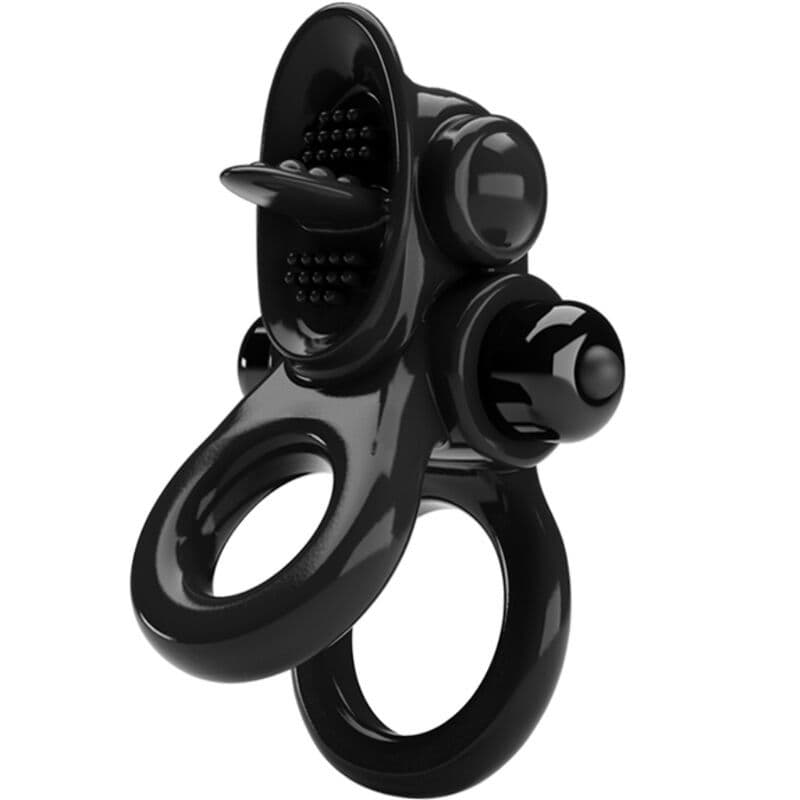 PRETTY LOVE - PASSIONATE RING DVOJNI VIBRACIJSKI OBROČEK S STIMULATORJEM KLITORISA, ČRN
