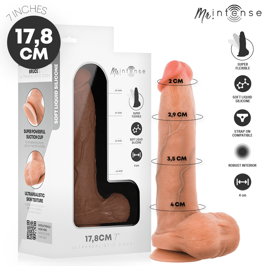 MR INTENSE - Bruce S silikonski dildo s testisima, 17,8 cm -Ø- 4 cm