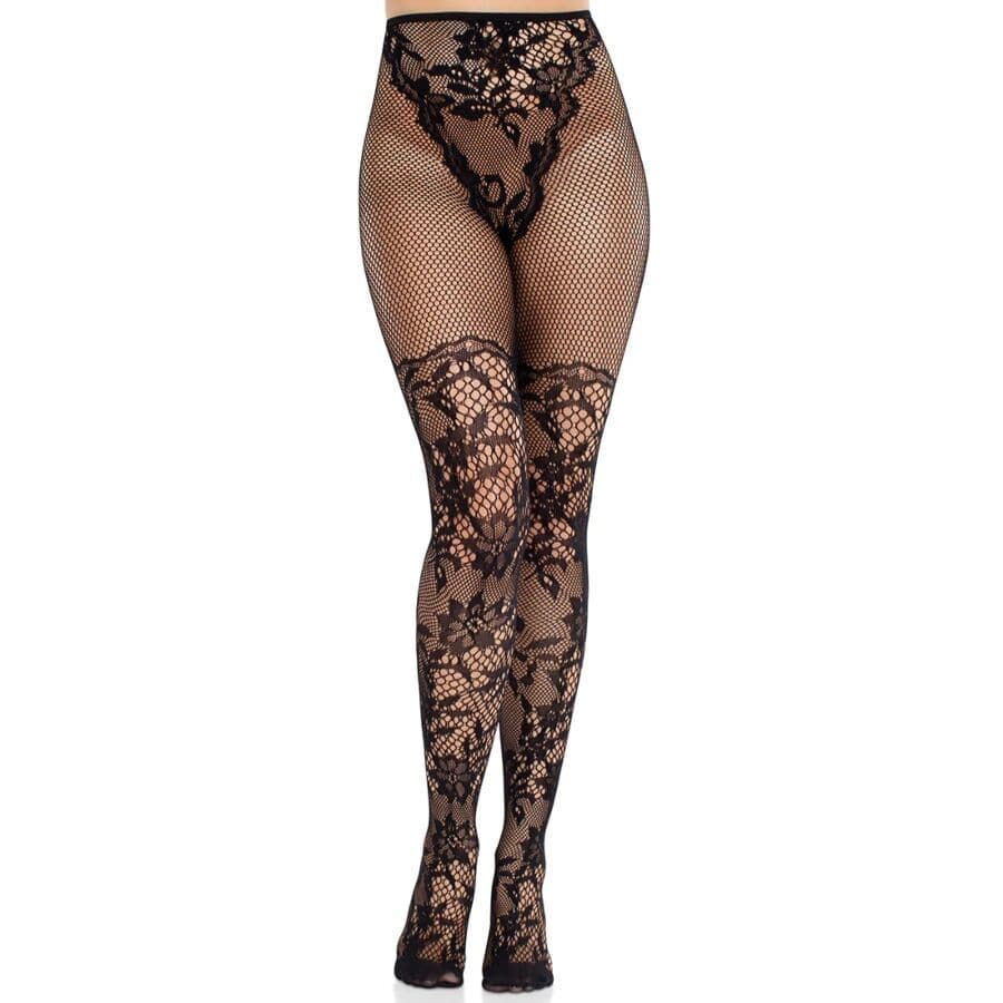 LEG AVENUE - ČIPKASTE ČARAPE DAHLIA S MREŽASTIM DETALJEM CRNE