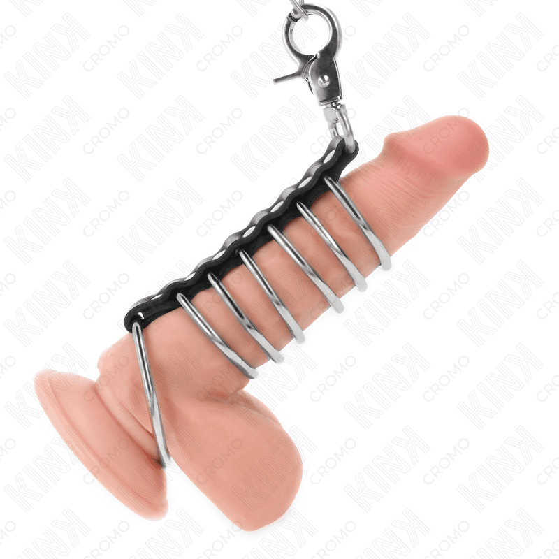 KINK - 7 KOVINSKIH OBROČKOV ZA PENIS OD 3,8 CM DO 5 CM, POVEZANIH Z USNJEM IN KOVINSKO VERIGO 100 CM
