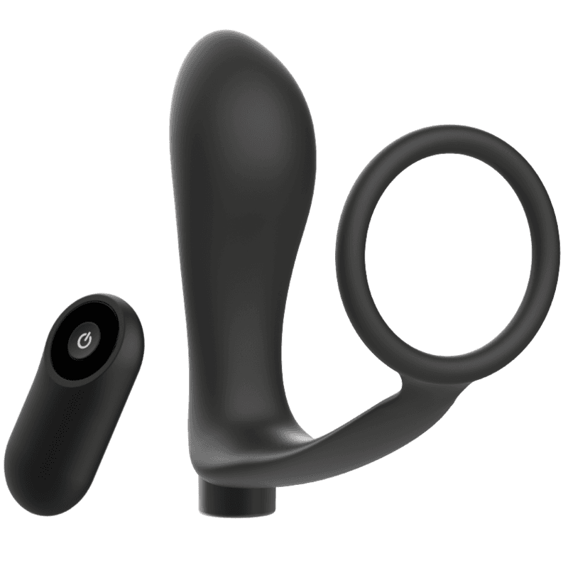 ADDICTED TOYS - OBROČEK ZA PENIS Z ANALNIM ČEPOM IN DALJINSKIM UPRAVLJALNIKOM BLACK, POLNILNI