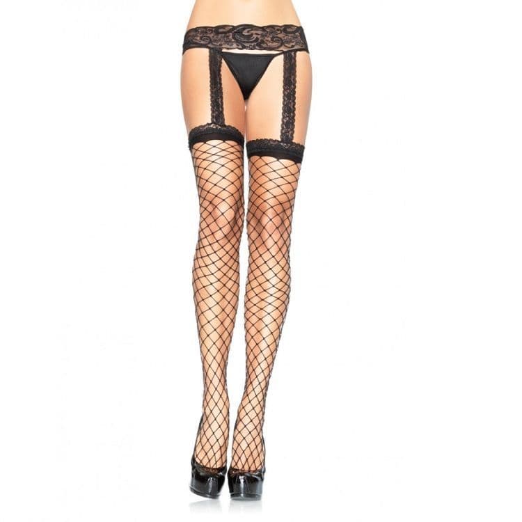 LEG AVENUE - MREŽASTE ČARAPE S CRNIM ČIPKASTIM POJASOM ZA ČARAPE
