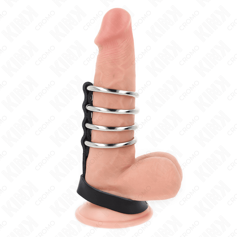 KINK - 4 METALNA PRSTENA ZA PENIS 3,8 CM, POVEZANA KOŽNIM REMENOM 22 X 1,5 CM I KOPČOM NA PRITISAK