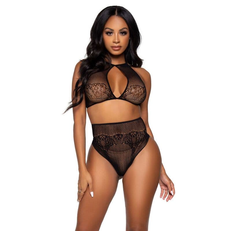 LEG AVENUE DVODIJELNI KOMPLET, CROP TOP S HALTER IZREZOM I TANGA GAĆICE, UNIVERZALNA VELIČINA