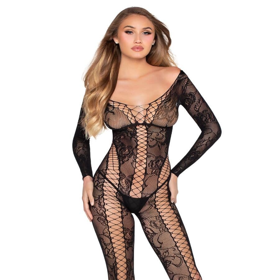 LEG AVENUE - 89369 BODYSTOCKING OD MREŽICE I ČIPKE, CRNI - JEDNA VELIČINA
