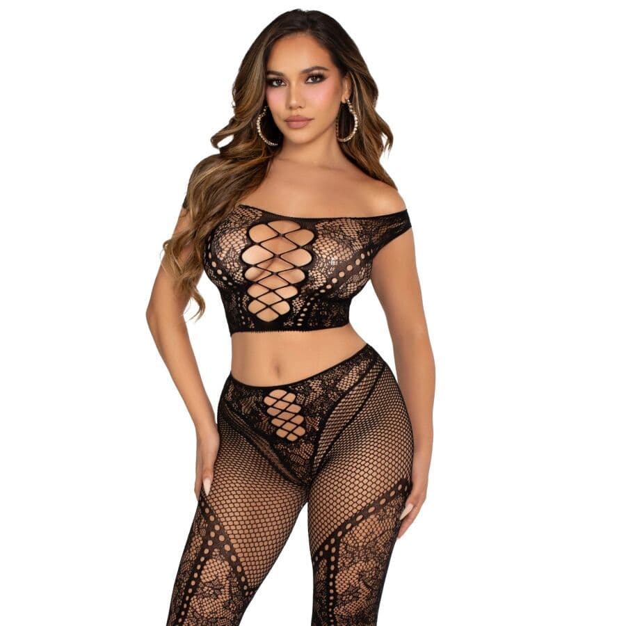LEG AVENUE - KOMPLET CROP TOP I MREŽASTE TAJICE S GOLIM RAMENIMA CRNI