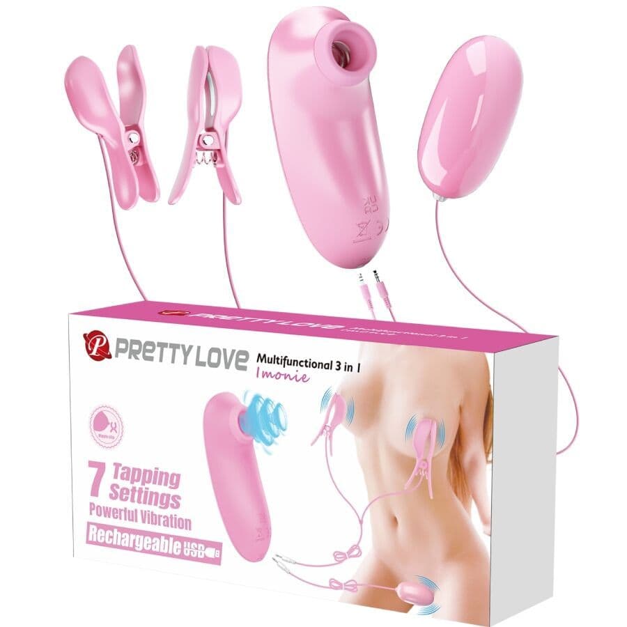 PRETTY LOVE - IMONIE 3-V-1 VEČNAMENSKI KOMPLET S PRISESEKOM, ŠČIPALKAMA ZA BRADAVIČKE IN STIMULATORJEM KLITORISA