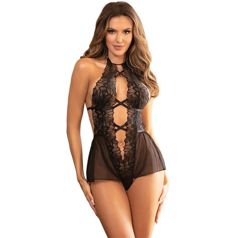 SUBBLIME - BODY TEDDY S VRATNIM TRAKOM I GOLIM LEĐIMA, ČIPKASTI, CRNI