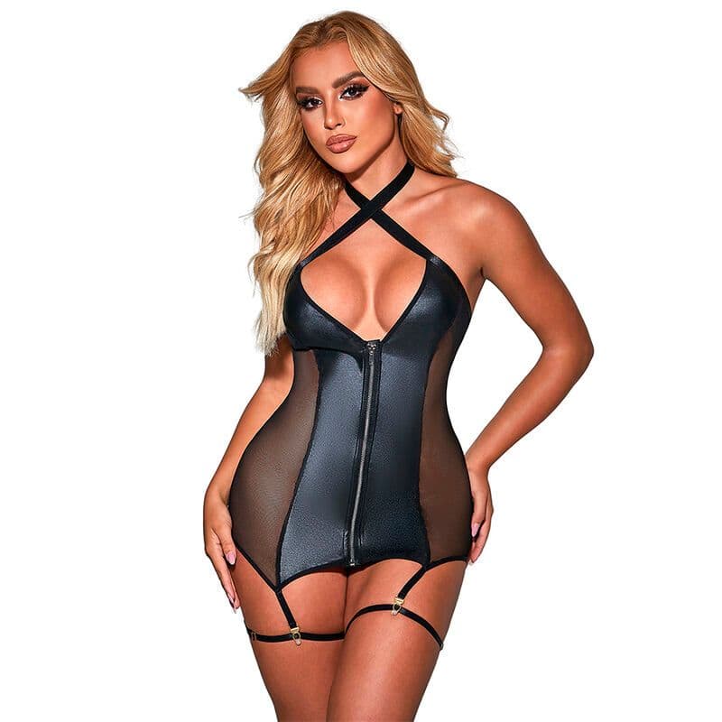 SUBBLIME - 954451 ZAVODLJIVA MREŽASTA HALJINA S KOŽNIM DETALJIMA, CRNA L/XL