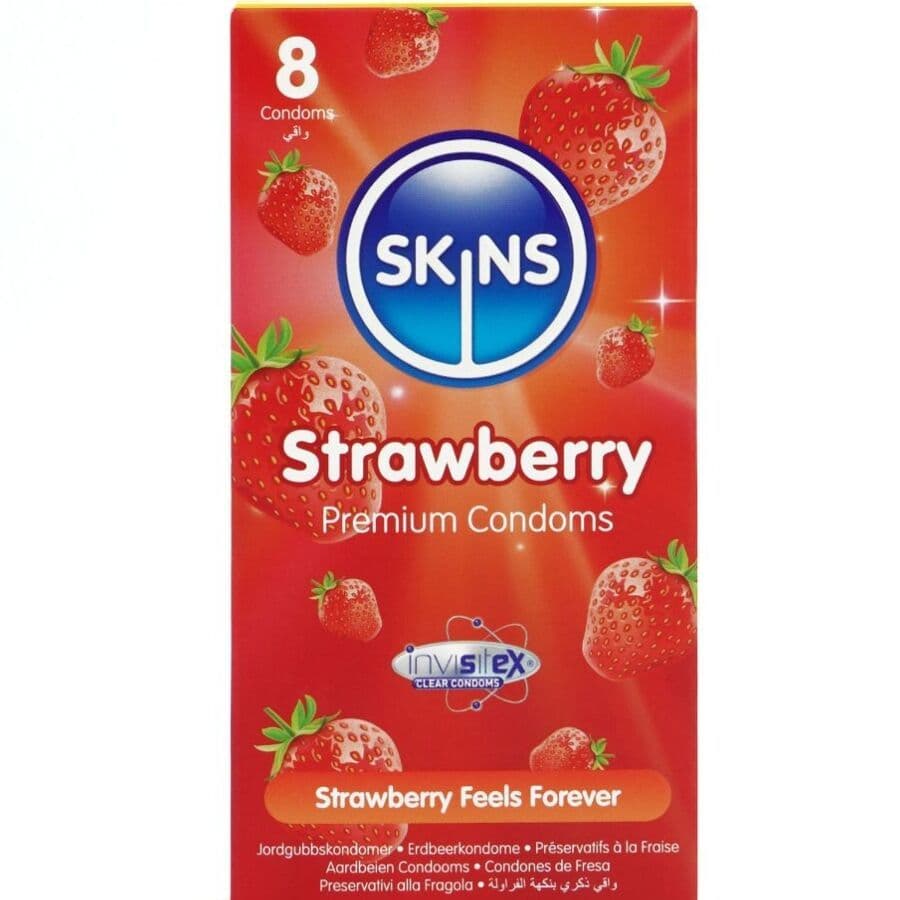 SKINS - STRAWBERRY PREMIUM KONDOMI S OKUSOM JAGODE, PAKIRANJE 8